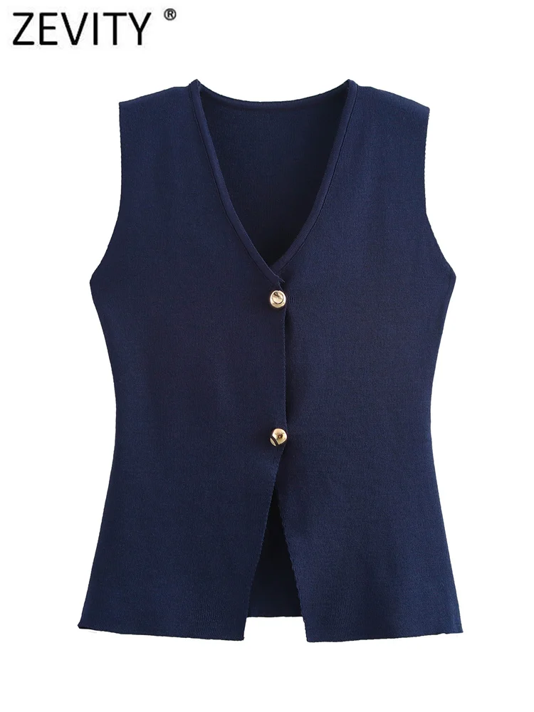 Zevity Women Fashion V Neck Sleeveless Golden Button Knitted Vest Shirt Female Chic Solid Color Slim Cardigan Blouse Tops LS6273