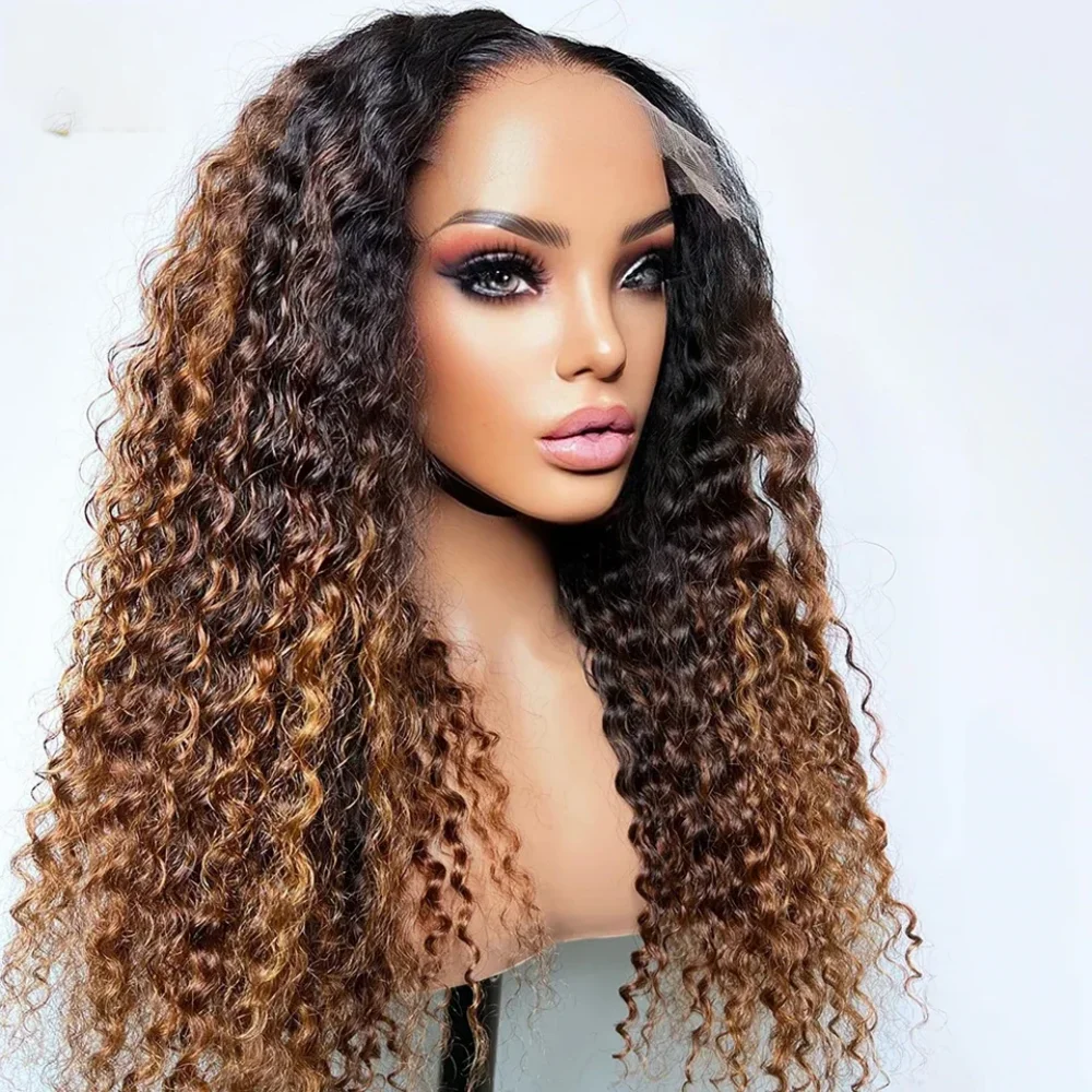 

Ombre Brown Long 180Density Kinky Curly Soft 26Inch Deep Lace Front Wig For Women Babyhair Glueless Preplucked Daily