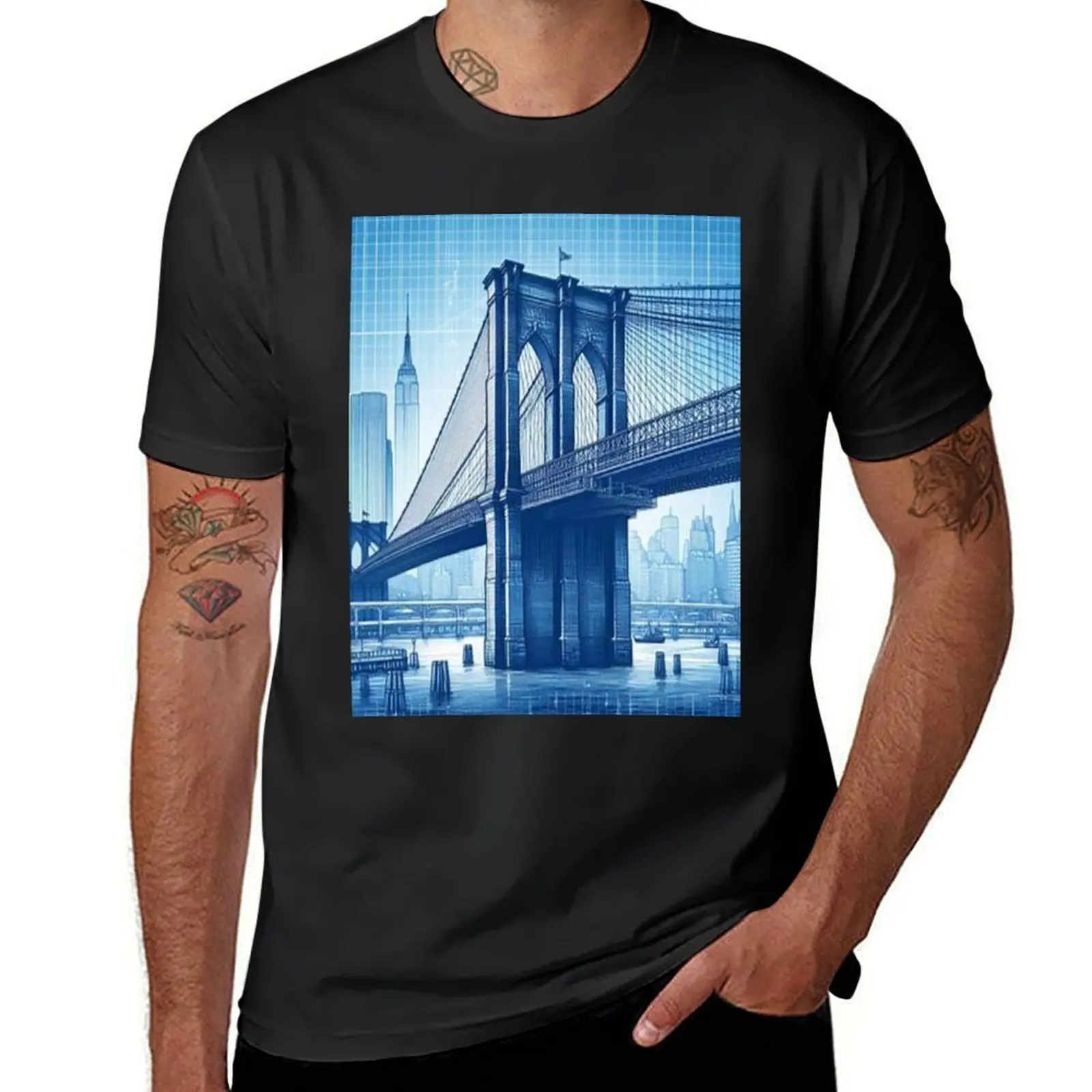 

Brooklyn bridge blue print T-Shirt new edition korean fashion hippie clothes summer clothes plain white t shirts men