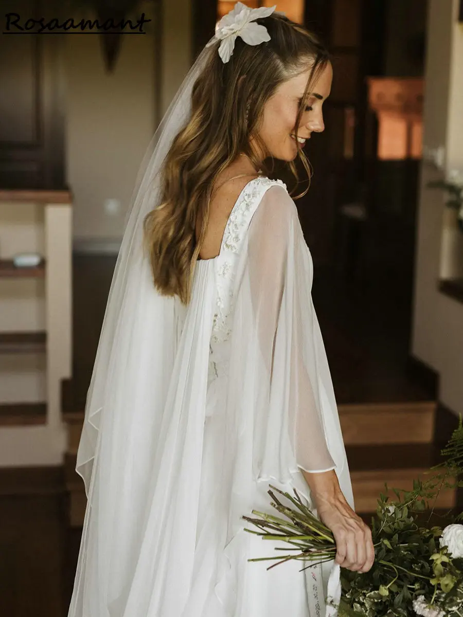 Newest Crystal Beading A-Line Wedding Dresses With Cape Chiffon Pleat Boho Country Bridal Gowns