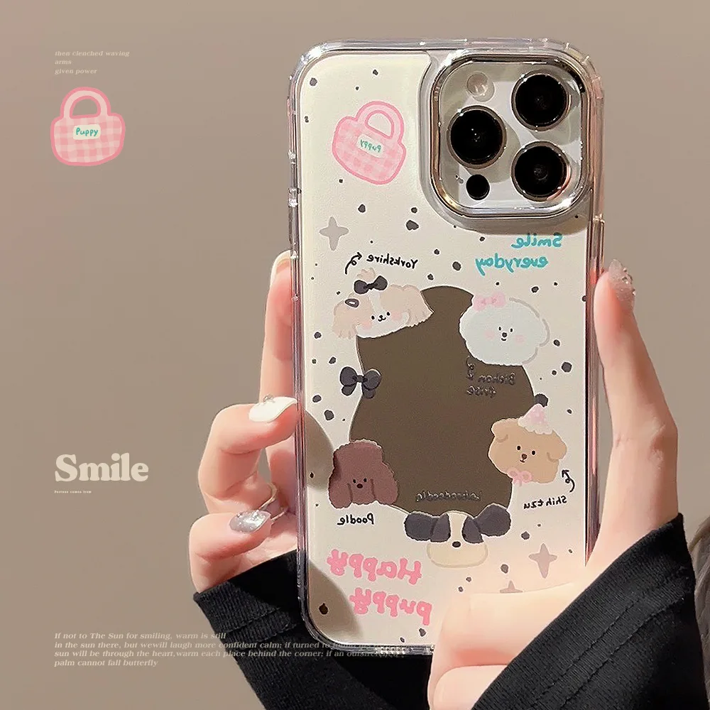 With Mirror Funny Dog Mobile Phone For Iphone 15 Pro Max 14 13 12 11 Plus Case Simplicity Cartoon Precise Hole Position