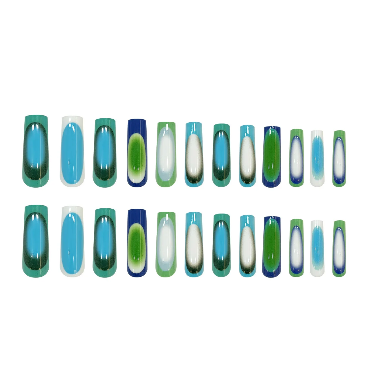 French Green Blue False Nails Personality Y2k Press On Nails Hand Painted Ballet Nail Fake Nails Fashion Long Square Nail Tips