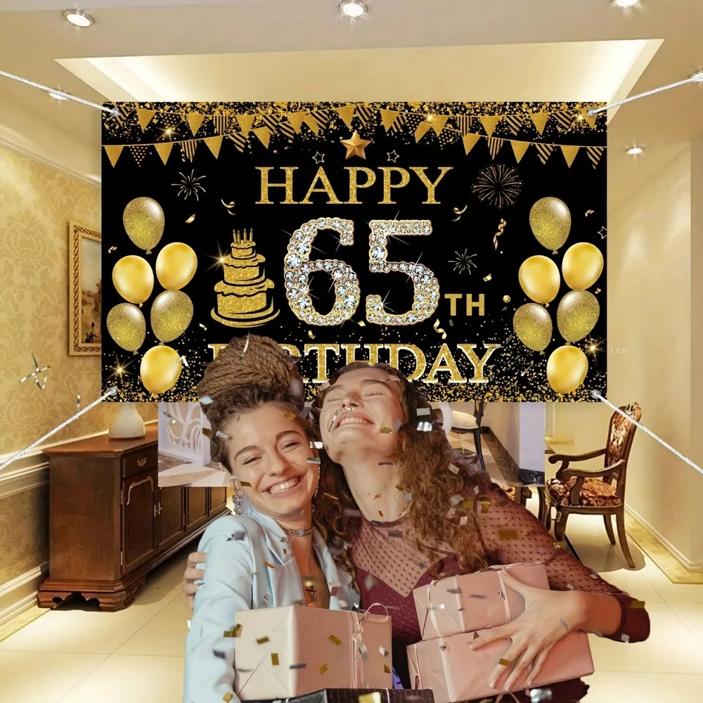 65th Birthday Party Decoration Banner - Black Polyester Backdrop with Gold Balloons & Cake Design for Men and Womenncluded