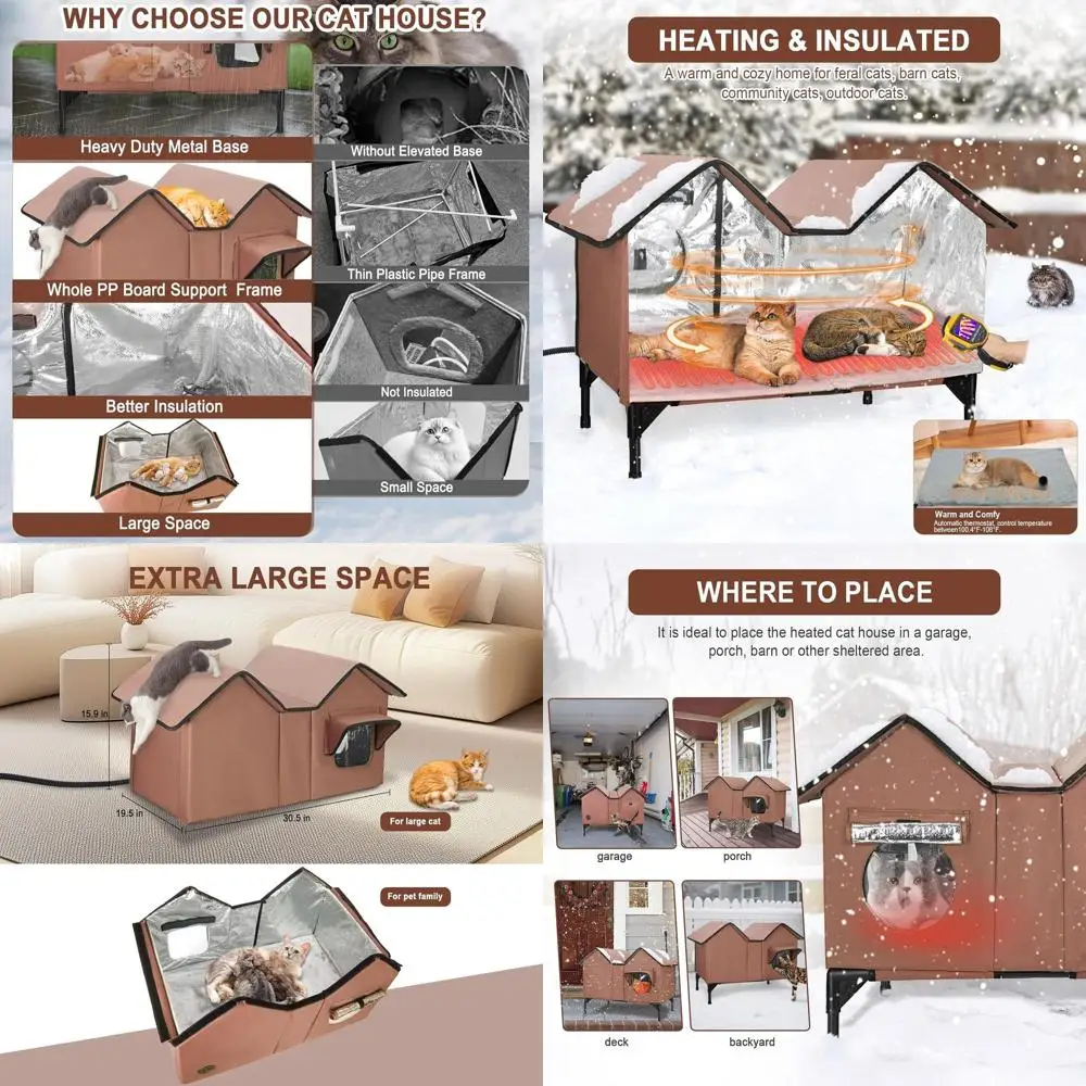 

XL Weatherproof Insulated Outdoor Heated Cat House for Multiple Cats and Small Dogs in Brown