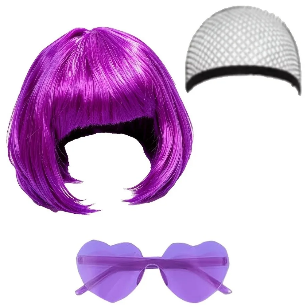 3 Stück bunte kurze Bob-Perücken, Weihnachts-, Halloween- und Cosplay-Perücken-Set für Partys, inklusive Haarnetz und Brille, kurze Perücke für Rollenspiele. – Detail 12