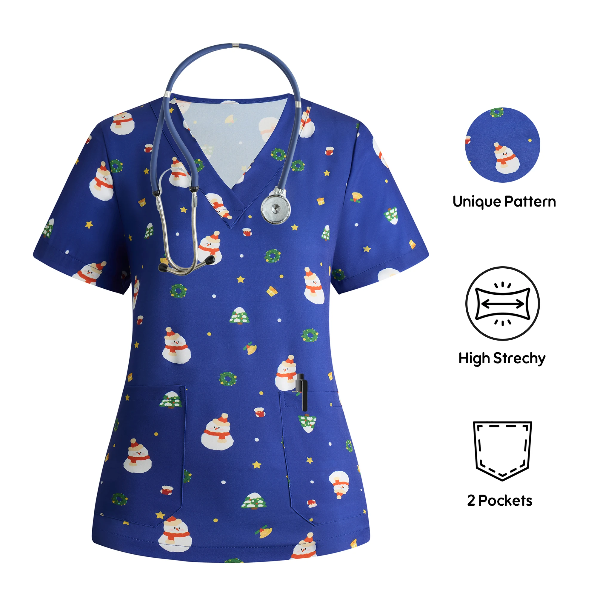 【クリスマス】女性用スクラブトップ ブルー スノーマンプリント 医療外科用漫画ユニフォーム ナース用ペット病院臨床用作業服
