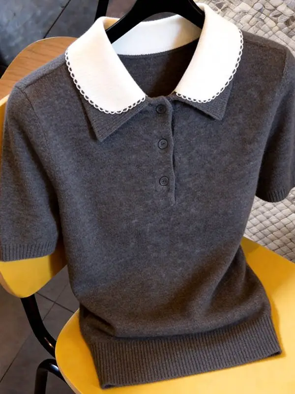 Women's Grey Peter Pan Collar Short Sleeve Knit T-shirt Y2K Gyaru Vintage Knitwear Korean Elegant Knit Top for Women Summer 2026