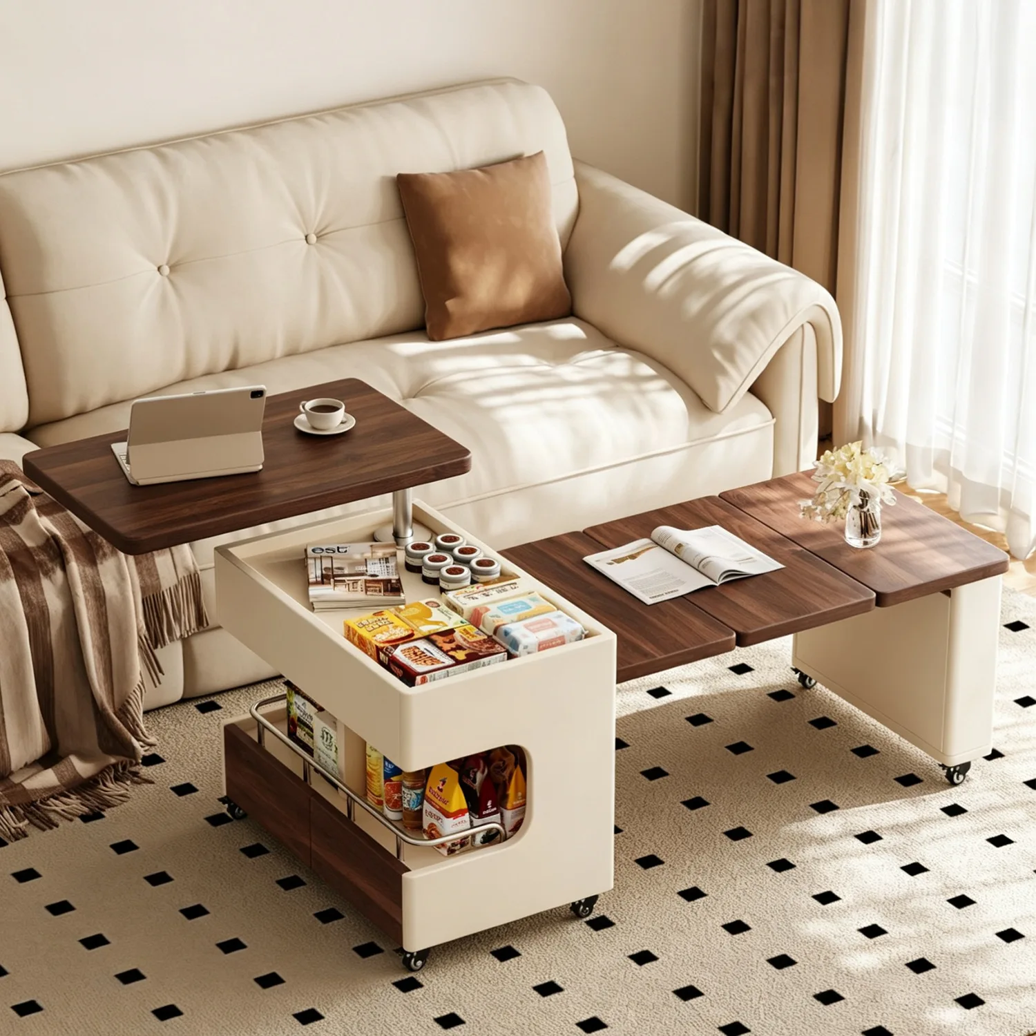 Movable retractable coffee table small apartment living room liftable folding table sofa side cabinet
