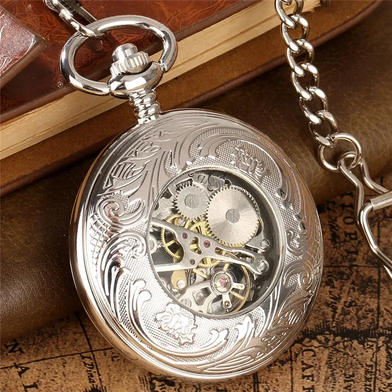 Luxury Silver Shield Hand Winding Mechanical Pocket Watch Skeleton Analog Wind Up Men Women Clock Watches Pendant Chain Gift