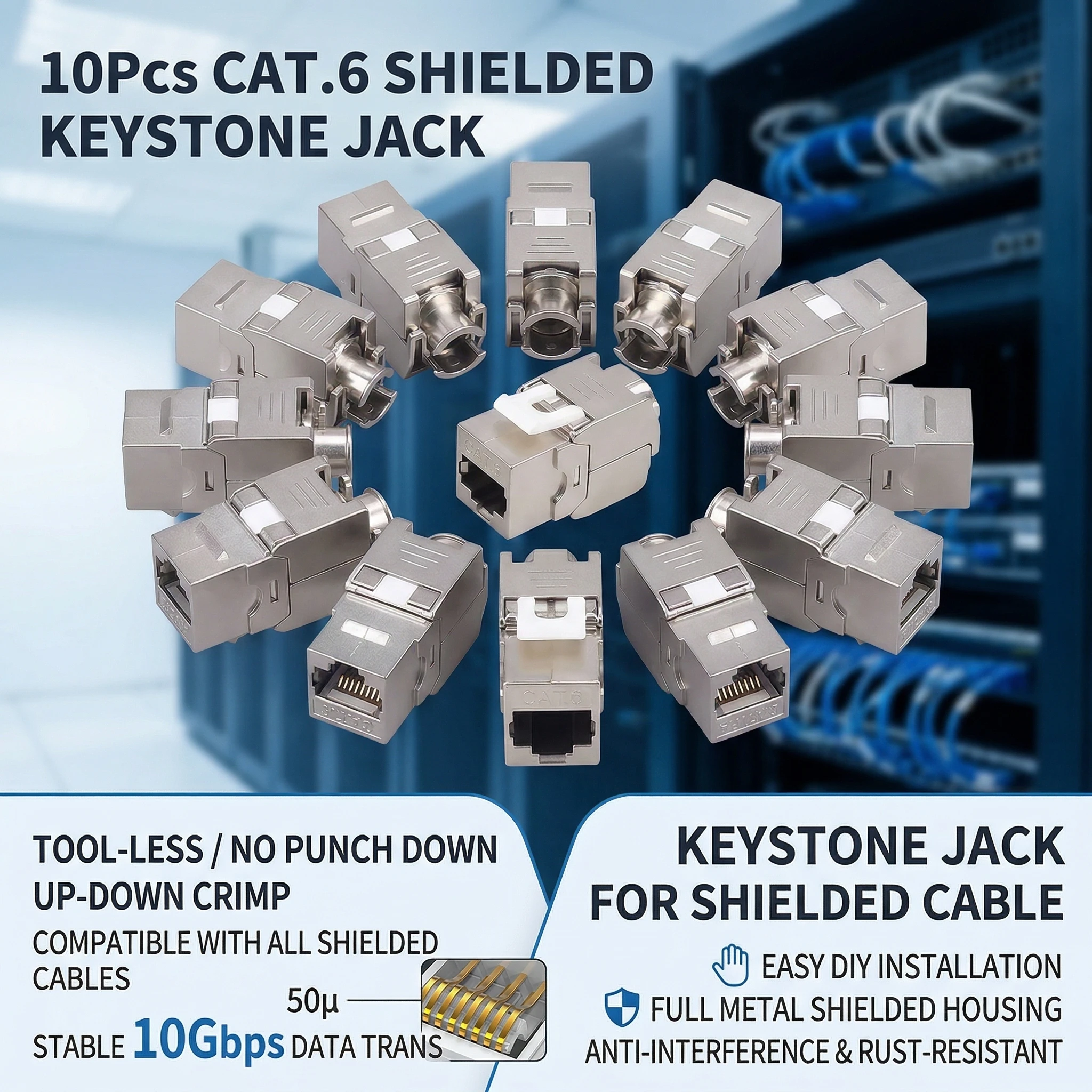 

10 шт. Защищенные безинструментальные RJ45 Keystone Jack разъемы CAT.6, без прокола, с обжимом вверх-вниз, сетевой коннектор для передачи данных 10 Гбит/с для экранированных сетей Cat.6