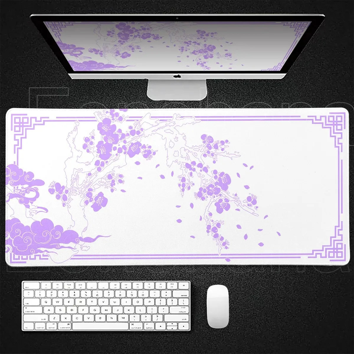 

Большой игровой коврик для мыши в японском стиле с белыми цветами сакуры, синий, нескользящий, для офиса