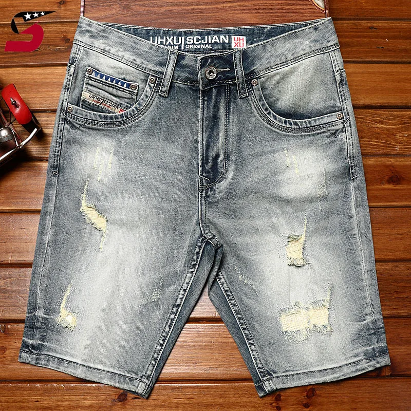 Shorts jeans retrô high-end masculino, marca da moda rasgada de verão, lavada, casual, tendência, estilo coreano, quinta calça