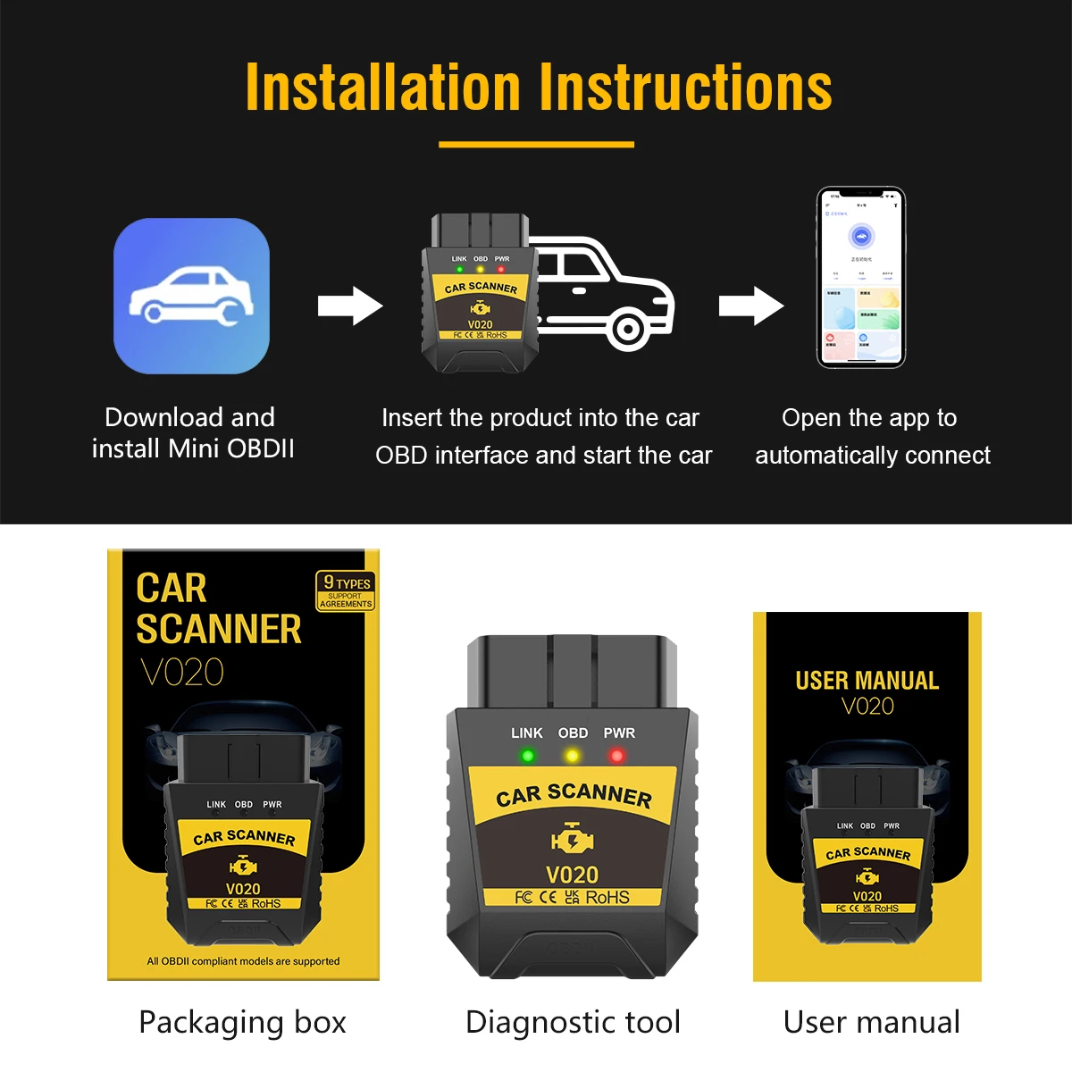 Obdii Scanner V020 Bluetooth 4.0 Auto Code Reader Onderhoud Scannen Tool Android/iOS/PC Fout Detector voor controle Motor Verlichting