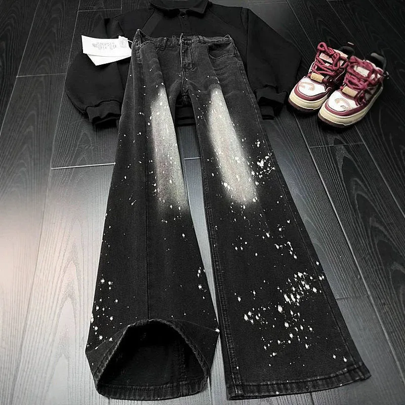 Black Jeans Washed Flare Jeans for Men Straight Leg Denim Pants Man Baggy Jeans Ink-splash Pattern Streetwear Hip Hop Pants