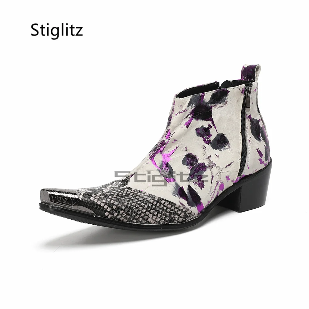 Purple Prints Men's Boots High Heels Chelsea Boots Metal Pointed Toe Genuine Leather Side Zip Ankle Boots Fashion Business Shoes