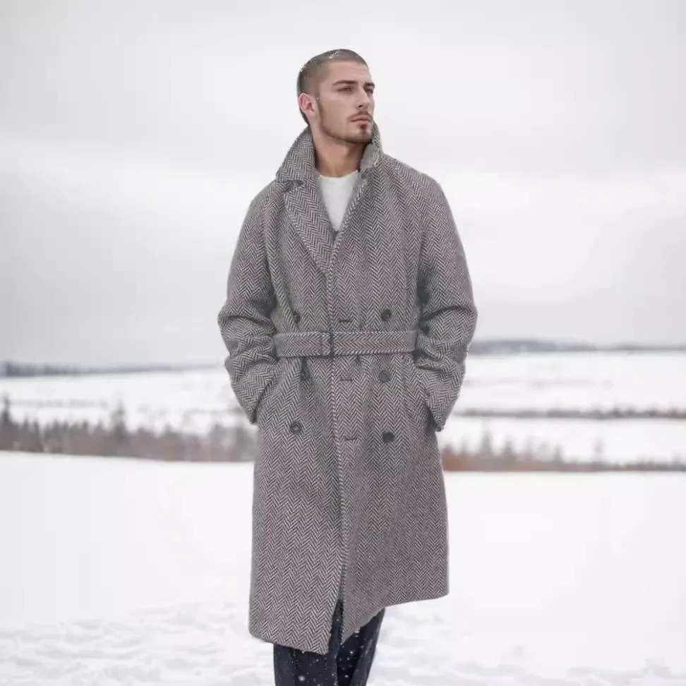

Man Winter Overcoat Fashion Thicken Plaid Turn Down Collar Belt Male Long Jacket Double-breasted Long Sleeve Men Outerwear