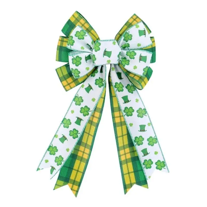 

E8BD Large Green And White Patricks Day Bowknots Adornment For Wreaths Irish Holiday Decorations For Home Office