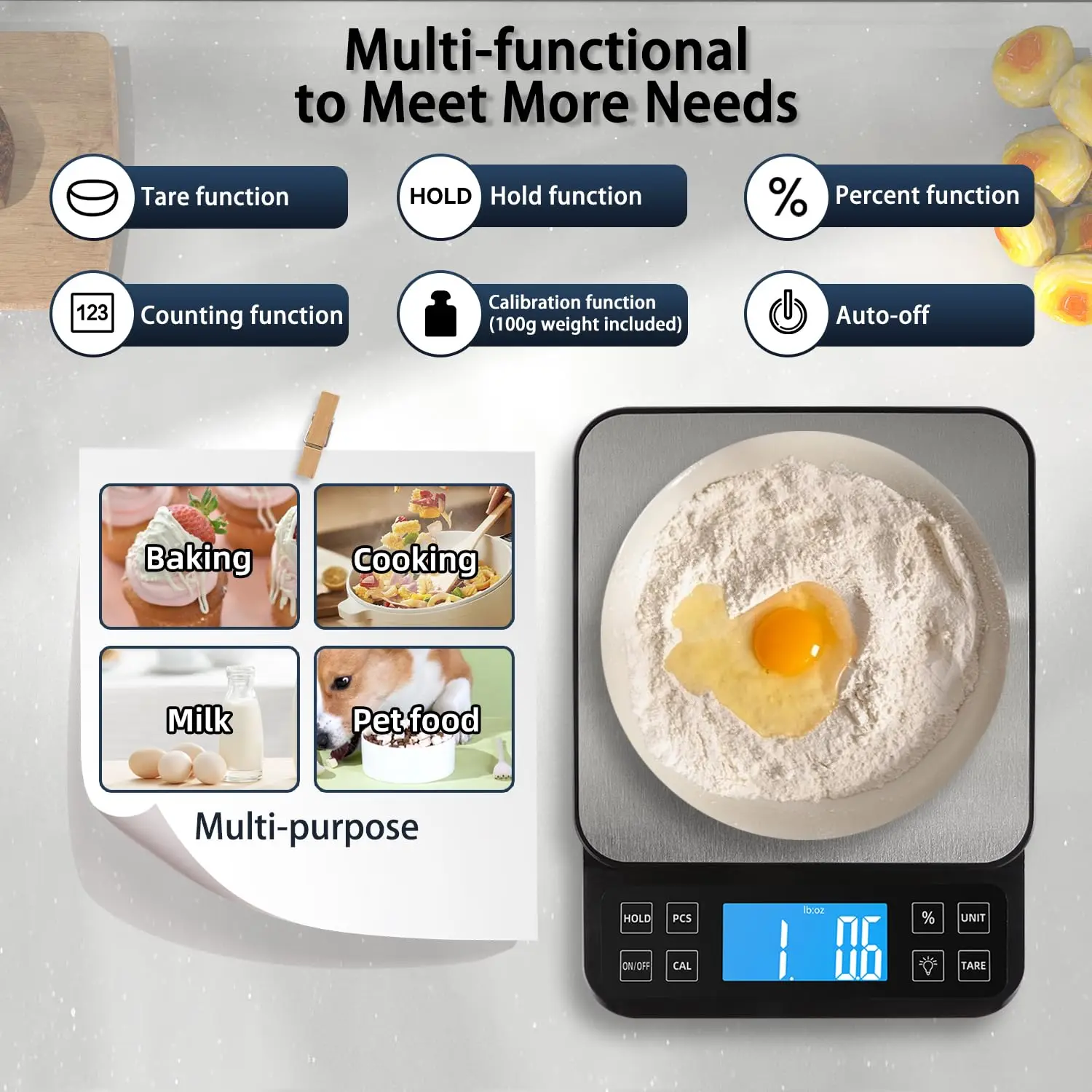 5KG 10KG Food Kitchen Scale Rechargeable Digital Scale with LCD Display and Stainless Tray, for Baking Cooking Meal Weighing