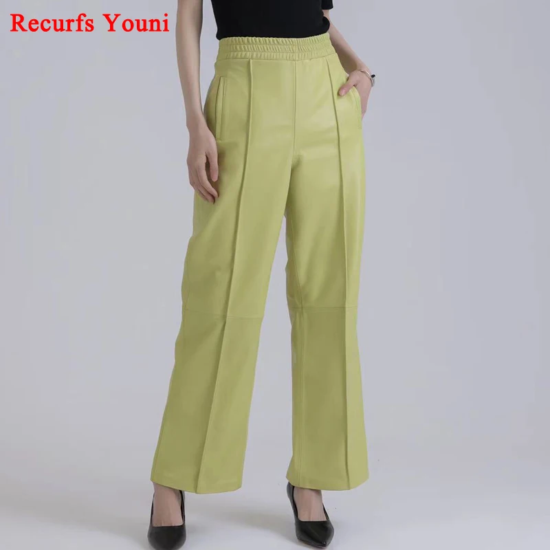 Moda Leather Pants for Women Winter Female Elastic Waist Casual Loose Straight Wide Leg Long Trousers Red Pantalones Mujer