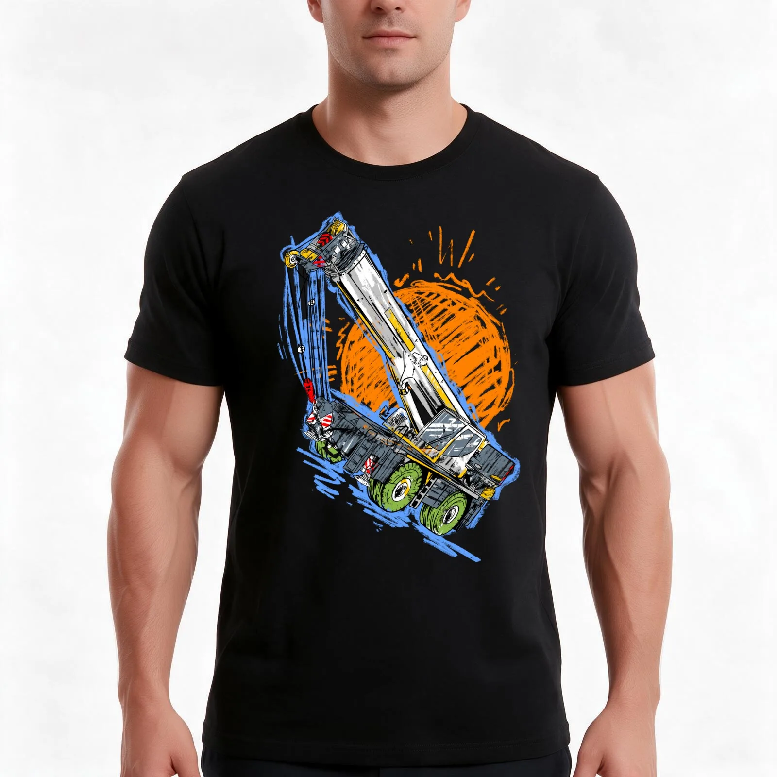 Mobile Crane Kiddy Drawing T-Shirt, Summer Casual Cotton Tee, Oversized Streetwear Tops, Vintage Graphic Print, Unisex Men Women