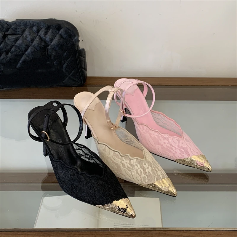New Summer Women's High-heeled Sandals with One-strap Closed Toe, Sexy Lace Pointed Toe, Gold-plated Mesh High Heels.