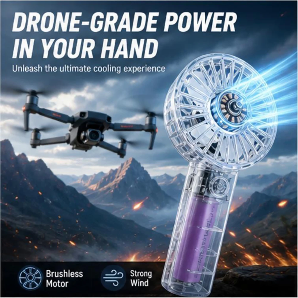 Portable Mini Hand Fan With Drone Grade Brushless Motor Strong Wind Rechargeable Type-C Port Summer Cooler Camping Souvenir