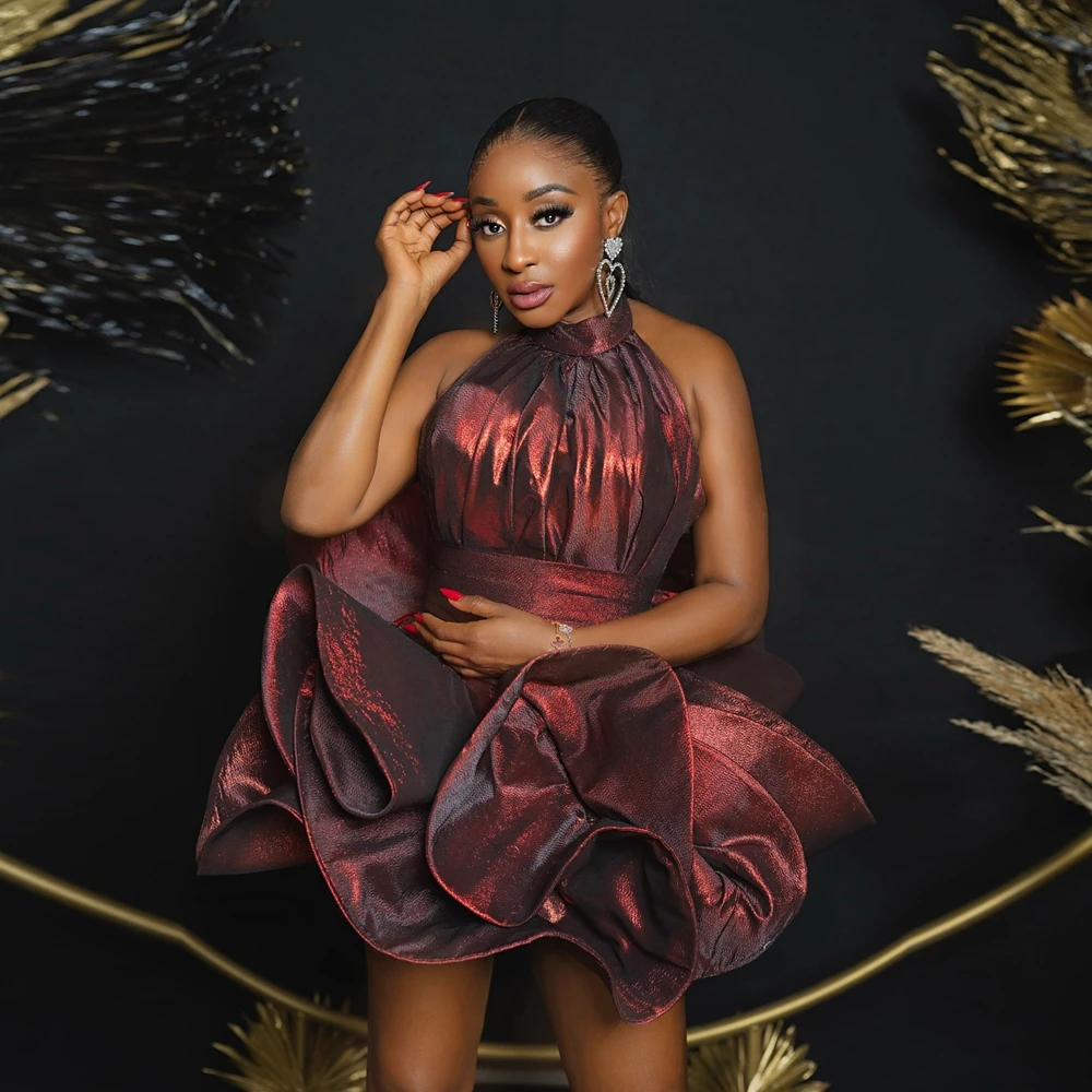 

Fashion Bright Satin Mini Cocktail Dresses High Neck Ruffles Puffy Short Prom Party Dress Africa Women Taffeta Evening Gowns