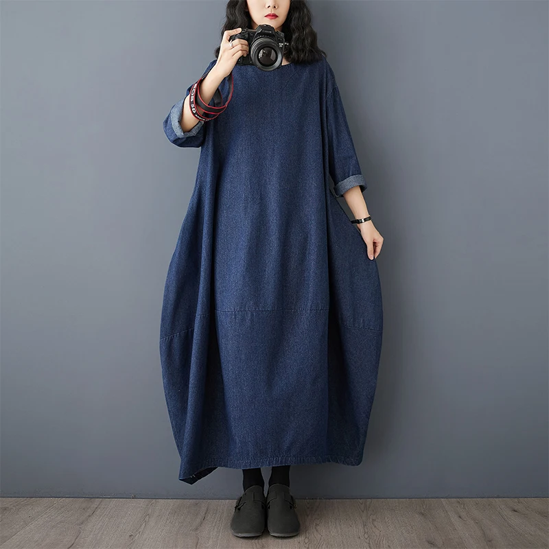 

Длинное джинсовое платье в стиле ретро, свободного покроя, повседневное, для похудения, расширенная длина, синее, женское, большие размеры, весеннее, новое, художественное платье