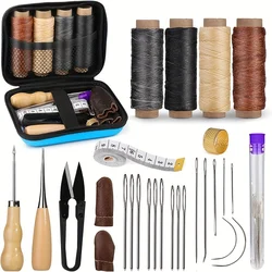 Kit da cucito artigianale in pelle da 14 pezzi filo cerato manico in legno aghi da cucito a mano per strumento di cucito per cuciture di riparazione in pelle per principianti
