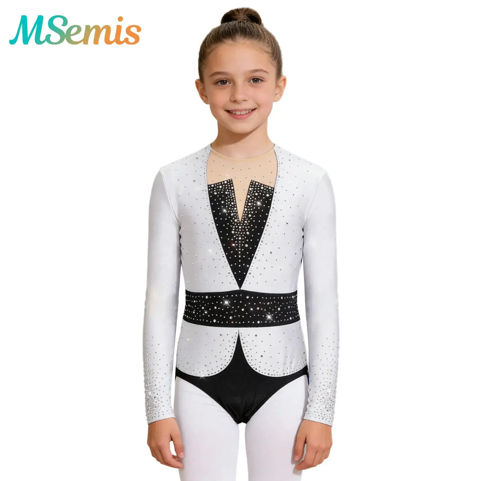 

Kids Girls Ballet Dance Performance Outfit Shiny Rhinestone Long Sleeve Leotard Bodysuit Gymnastics Figure Skating Costume