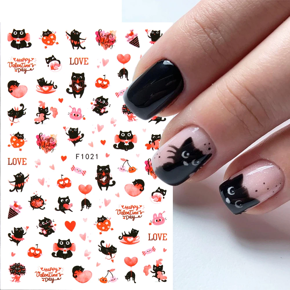 3D Black Cat Nail Stickers Valentines Day Nail Art Cute Cartoon Lover Hearts Nail Decals Letters Flowers Manicure Foils GLF1021