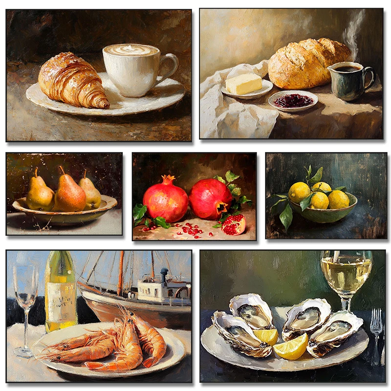 Póster Rústico de Cocina Costera con Frutas y Verduras, Aguacate, Granada, Aceite de Oliva, Pintura en Lienzo, Cuadros Decorativos para el Hogar