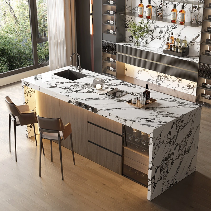 Rock slab island dining table integrated small apartment home open kitchen western kitchen