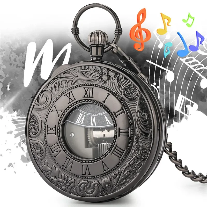 

Steampunk Playing Song City Sky Music Clock Roman Number Men Women Handwind Quartz Pocket Watch with Clip Pendant Chain Gift