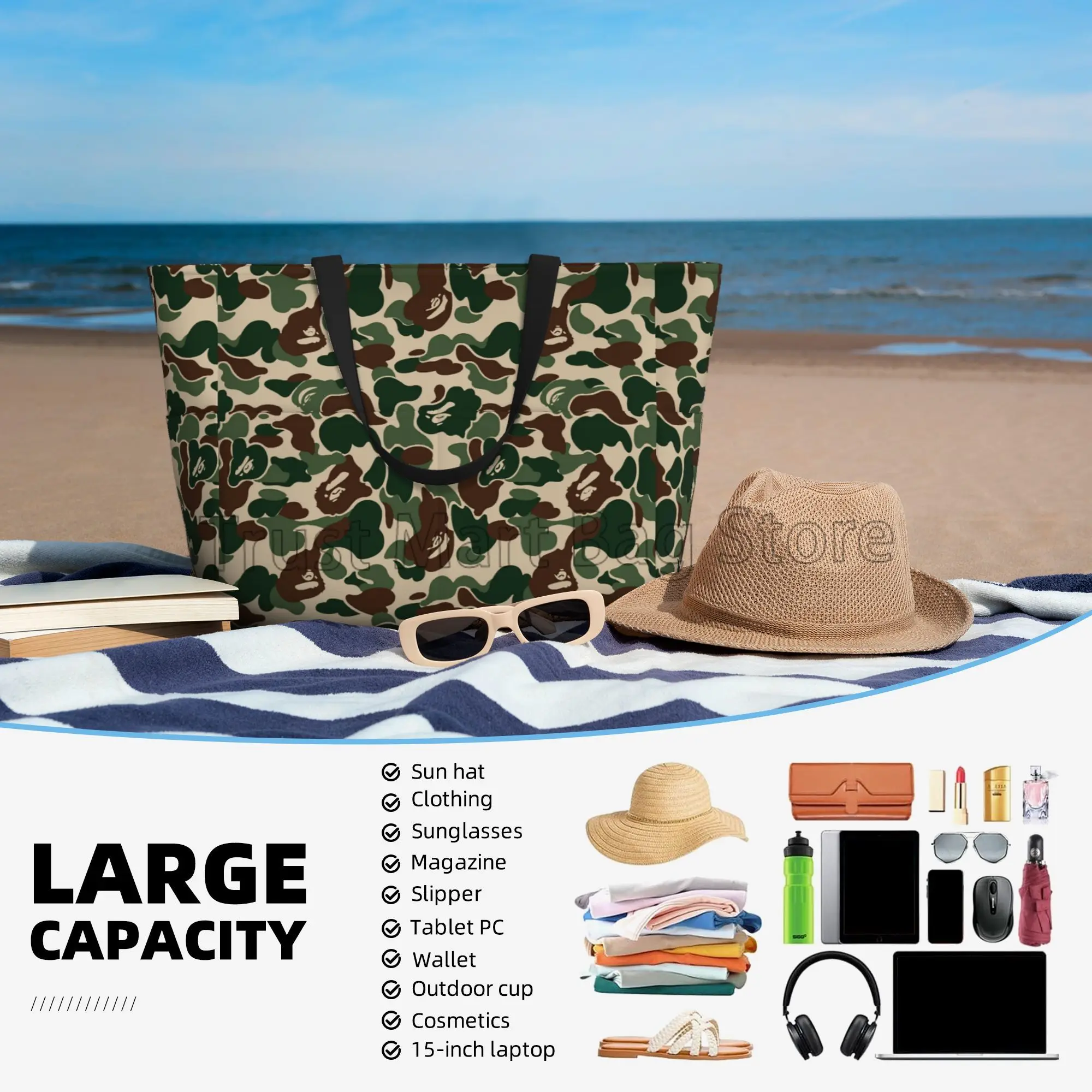 Green Camouflage Camo Large Waterproof Beach Bag for Women Sandproof Pool Tote Bag Reusable Handbags for Travel Vacation Swim