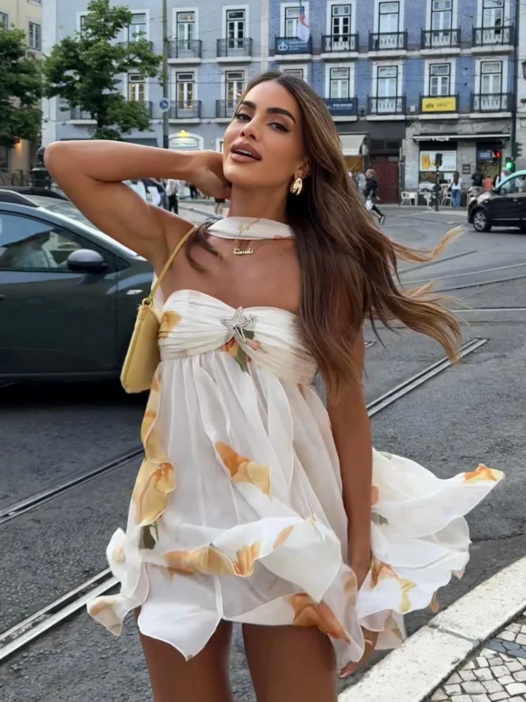 

Mini Dress Printed Scarf Neck Chic Sleeveless Off Shoulder Pleated Short Dress 2025 Summer Women Party Beach Robe