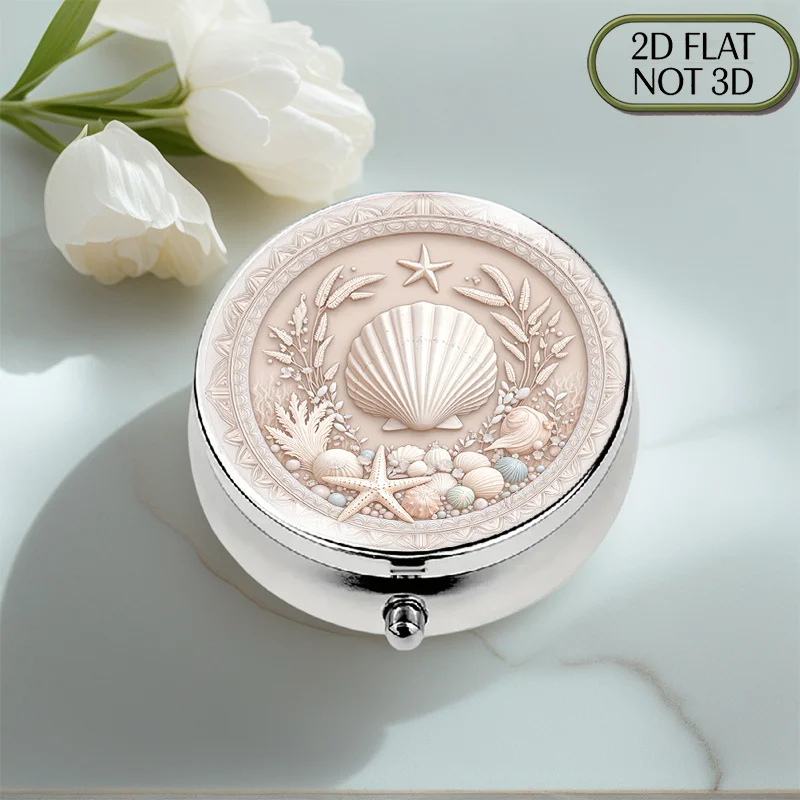 (Flat) 1pc food-grade portable round metal pill box, with a central shell decoration, suitable for travel and as a gift, with compartments for storing small items, a wonderful choice for friends and relatives. Travel essentials, storage organizer, stylish protective case, elegant design, durable materials, portable container, multi-section organizer, frequent travelers, gift shoppers