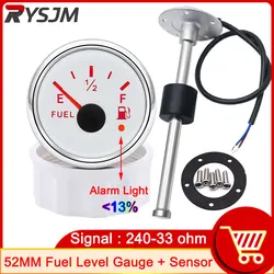 52mm White 12V 24V Fuel Level Gauge + 240-33ohm Fuel Level Sensor Universal Waterproof Digital Fuel Gauge Red Backlight Alarm