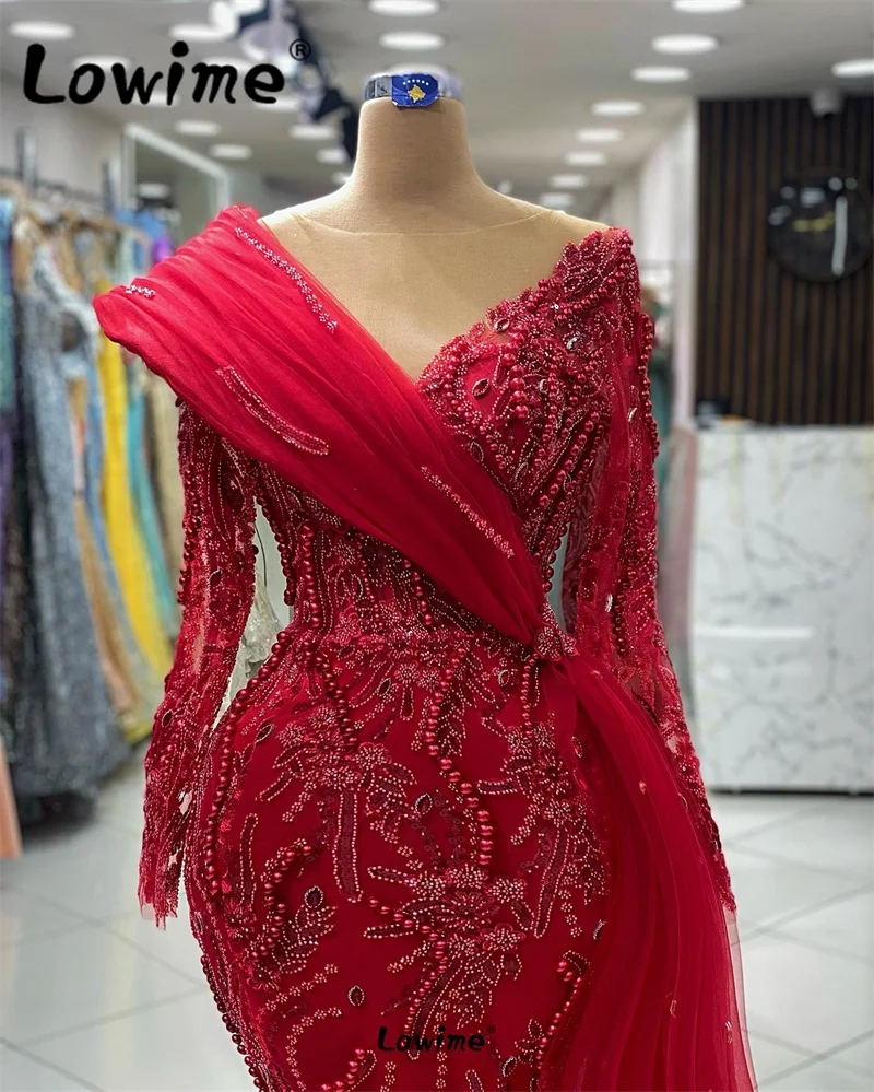 Dubai Arabic Formal Evening Dress Red Plus Size Women Party Gowns Long Sleeve Custom Made Beaded Sequins Aso Ebi Engagement Gown