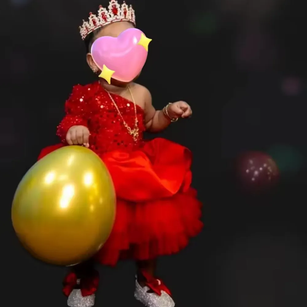 

Glitter Sequin Flower Girl Wedding Dress One Shoulder with Bow Tiered Luxury Princess Birthday Banquet Party Prom Ball Gown