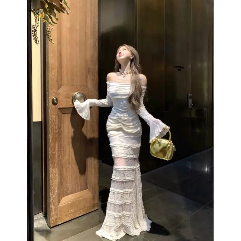 

Off-Shoulder White Ruffled Sleeve Dress for Women Lace Patchwork Mermaid Long Dress Slim Fit Bodycon Dress