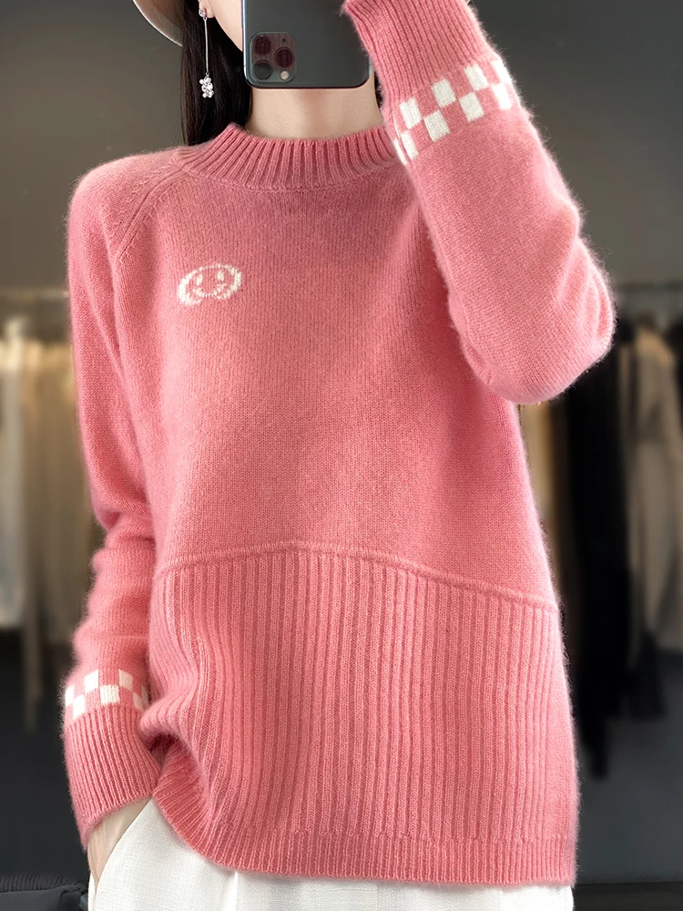 

2024 New Women Cashmere Sweater 100% Merino Wool Pullover O- Neck Jumper Autumn Winter Cute Smile Face Knitwear Quality Tops