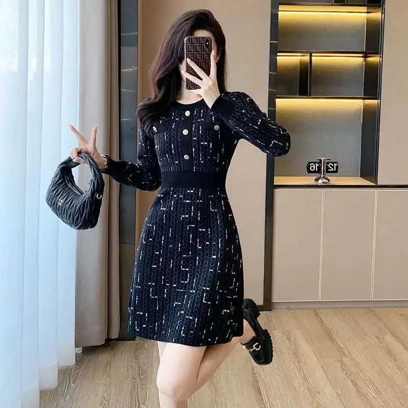 #0901 Black High Waisted Sweater Dress O-neck Buttons Office Elegant Short Dress Female Long Sleeve Stretch Knitted Dress Femme