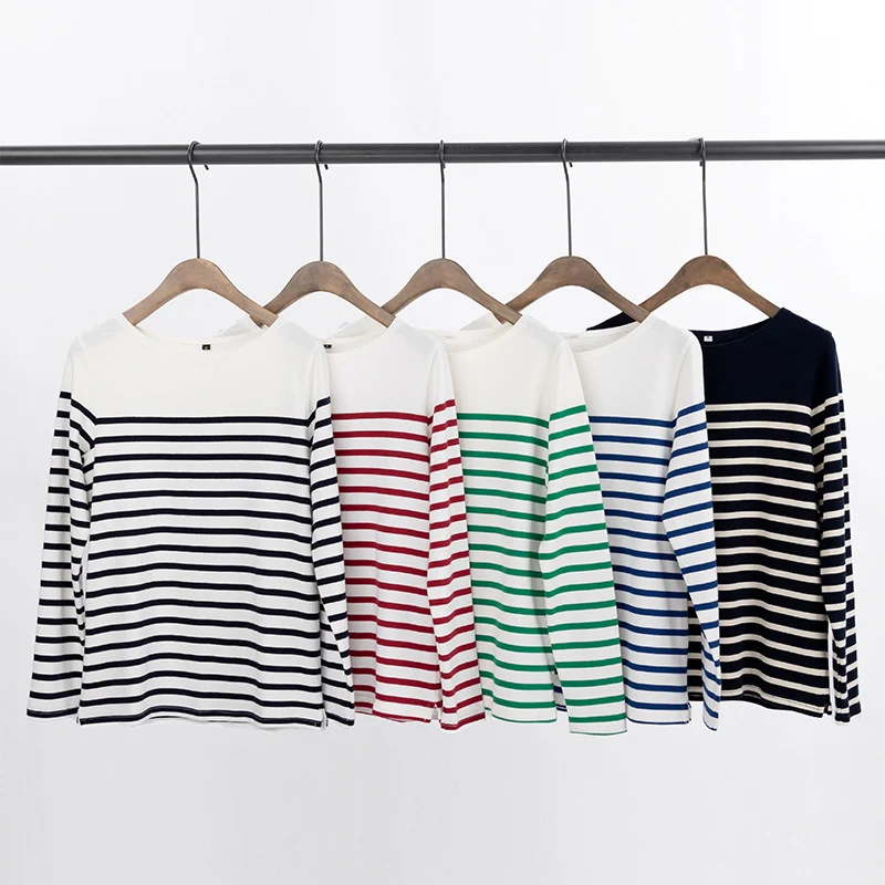 EMBELLIKE Marine Crew Neck Striped T Shirt Women Long Sleeve Combed Cotton Tops Tees Regular Fit S-XL