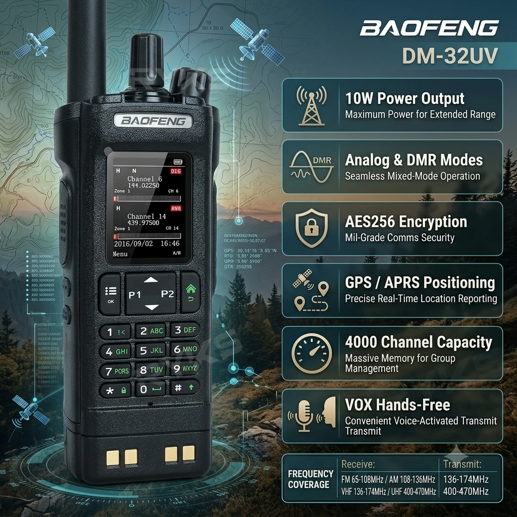 Dmr Digital Radio For Security Projects Black Baofeng Dm-32Uv 10W Walkie Talkie Dmr+Analog Aes256 Encryption Gps/Aprs Vox