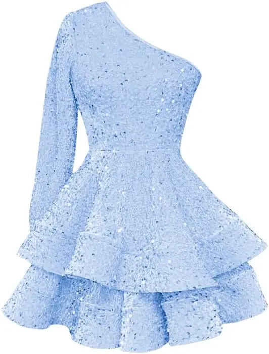 

2025 Women's One Shoulder Glitter Back to School Dress Short,Shiny Layered Long Sleeve Party Birthday Dance Cocktail Party Dress