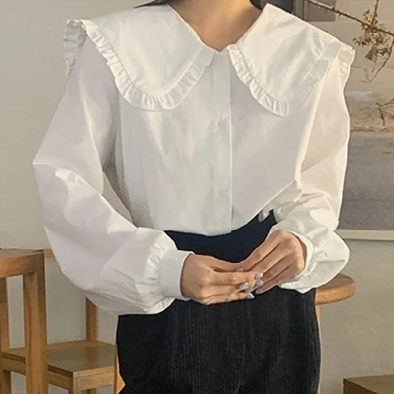 Spring Cotton Shirt Female Korean Chic Ruffles Single-Breasted White Blosue Women Vintage Long Sleeve Pleasure Tops Blusas 14836