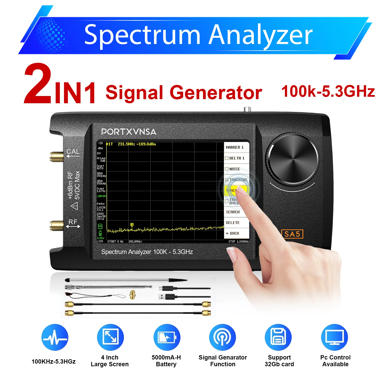 محلل الطيف PORTXVNSA SA5 محلل الطيف المحمول 100k-5.3 جيجا هرتز 2 في 1 4 بوصة IPS LCD مولد إشارة قابل للربط بالكمبيوتر