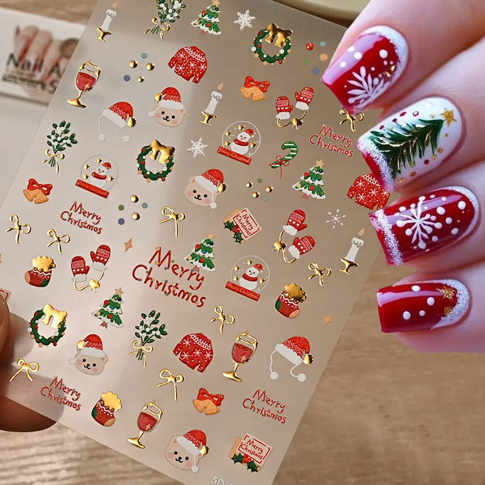 Kawaii Bear Snowman Wreath Nail Stickers 5D Embossed Gold Bow/ Xmas Tree Gloves Nail Decals 8*10cm Christmas Manicure Decora #t5