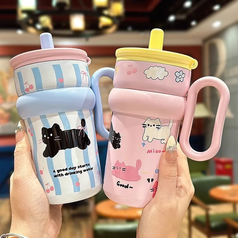 Cute Cat Thermal Mug With Straw Handle 650ml Large Kawaii Tumblers Stainless Steel Water Bottle Portable Coffee Tea Thermos Gift